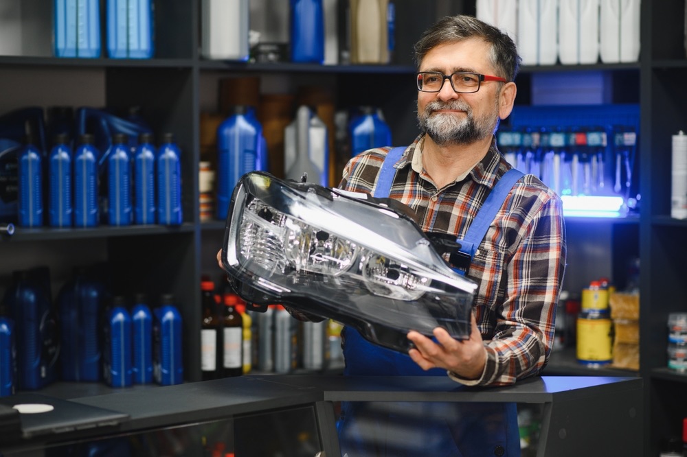 Erfahrener Mitarbeiter prüft Scheinwerfer – Qualitätskontrolle